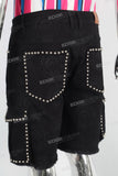 Black patchwork rhinestone laser shorts