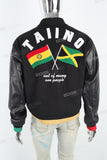 Black Patchwork Leather Sleeve Embroidered Baseball Jacket