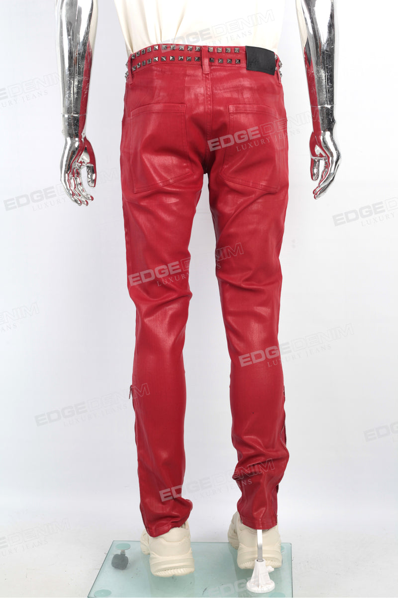 Men Skinny Red Waxed Denim Jeans Streetwear Hip Hop Jeans edgedenim