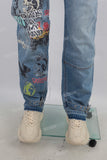 Blue straight screen printed jeans men