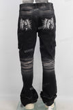 Black acid washed cargo stack jeans