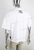White screen print boot cut t shirt