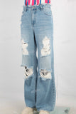 Blue damaged baggy straight jeans