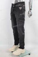 Black acid washed embroidered cargo jeans