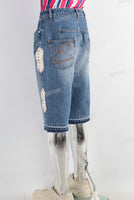 Blue rhinestone patchwork boot cut short