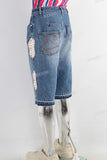 Blue rhinestone patchwork boot cut short