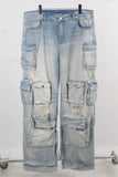 Blue acid wash cargo straight jeans men