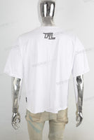 White screen print boot cut t shirt