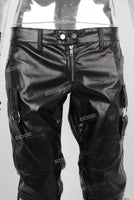 Black leather stitching zipper straight leg jeans