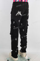 Black embroidered patchwork cargo jeans