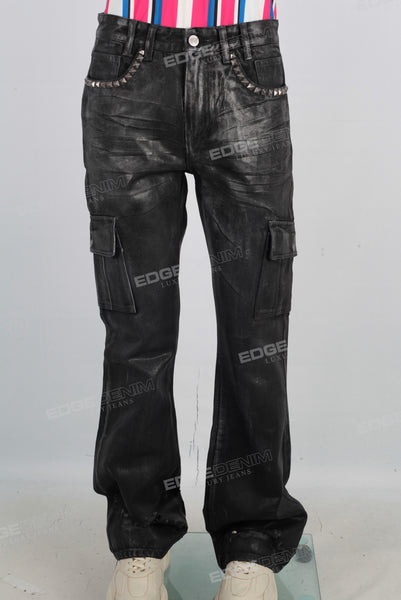 Black wax damaged cargo jeans
