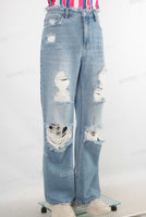 Blue damaged baggy straight jeans