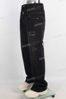 Black doubles layer damaged patchwork jeans