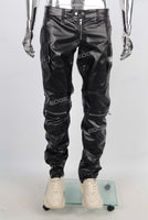 Black leather stitching zipper straight leg jeans