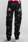 Black embroidered patchwork cargo jeans
