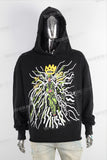 Black oversize digital print raw hem hoodie