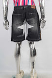 Black embroidered damaged shorts