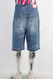 Blue rhinestone patchwork boot cut short