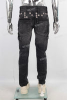Black acid washed embroidered cargo jeans