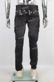 Black acid washed embroidered cargo jeans