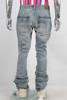 Blue damaged patchwork boot cut jeans