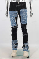 Black patchwork damaged stack jeans