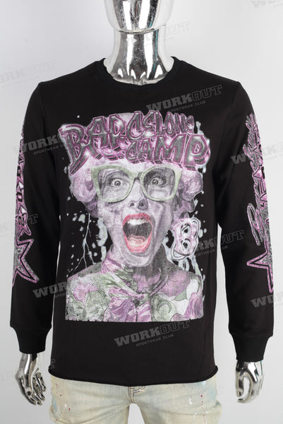 Black digital print raw hem long sleeve t shirt