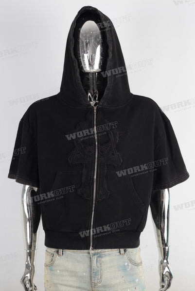 Black patchwork vintage short sleeve hoodie