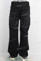 Black doubles layer damaged patchwork jeans