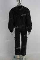 Embroidered patchwork hoodie and straight pants set