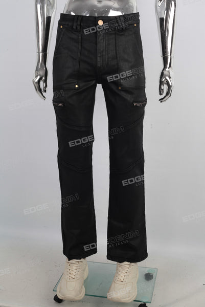 Black waxed patchwork cargo straight jeans
