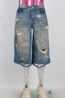 Blue patchwork rhinestone distressed shorts
