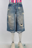 Blue patchwork rhinestone distressed shorts