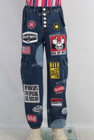 Blue patchwork cargo straight jeans
