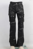 Black patchwork cargo waxed jeans