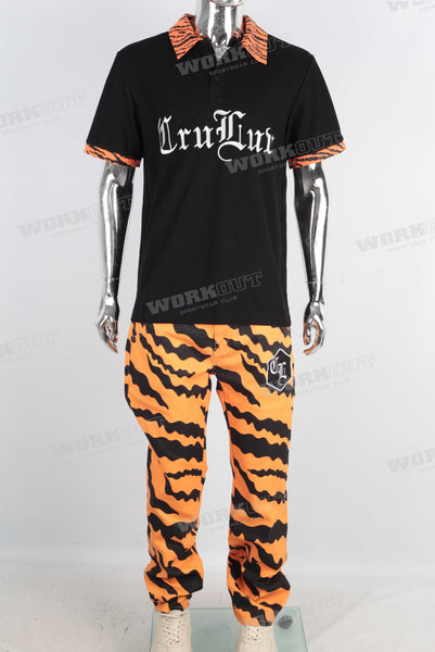 Black embroidered t shirt and tiger pattern pants