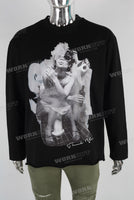 Black raw hem digital print t shirt