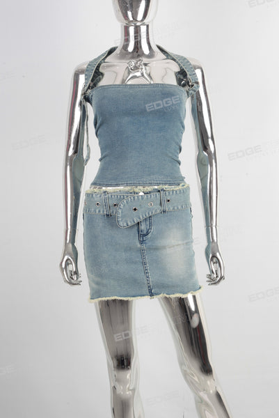 Blue denim shirt and boot cut skirt set