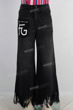 Black patchwork wide leg flare distress bottom jeans