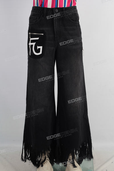 Black patchwork wide leg flare distress bottom jeans