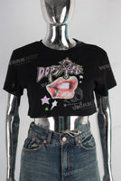 Black digital print rhinestone t shirt women