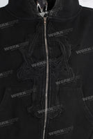 Black patchwork vintage short sleeve hoodie
