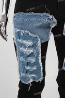 Black patchwork damaged stack jeans