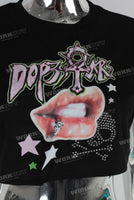 Black digital print rhinestone t shirt women