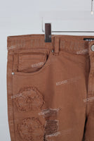 Coffee patchwork damaged bell bottom jeans