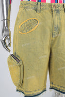 Yellow embroidered boot cut shorts