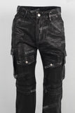 Black patchwork cargo waxed jeans