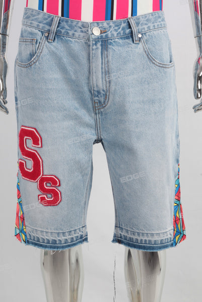 Blue embroidered boot cut shorts