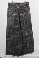 Black baggy acid washed raw hem jeans