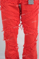 Red damaged patchwork straight jeans